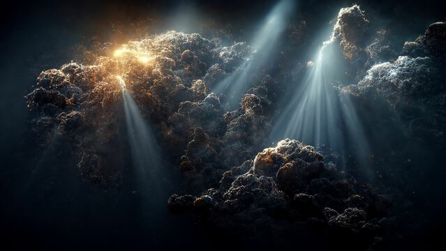 Fototapeta Dramatic illustration of sun rays coming behind the dark clouds - great for a wallpaper