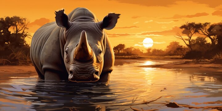 painting of a rhino with head out of water, in the style of naturalistic landscape background, generative AI