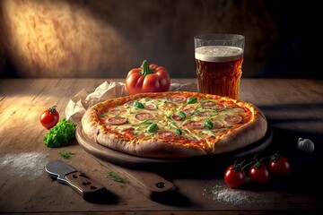 AI generated illustration of a delicious pizza on the table with a mug of beer and ingredients