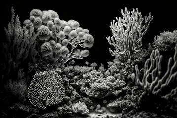 AI generated illustration of a coral reef in black and white