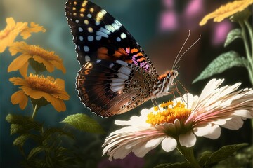 AI generated illustration of a butterfly sitting on a flower in the garden