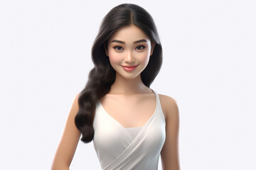 A charming 3D cartoon character of a girl strikes an adorable and graceful pose against a clean white backdrop. Generative AI.