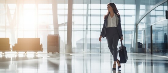 Young businesswoman walking with travel bag along office building or airport, business trip, corporate and people concept