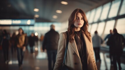 Fototapeta premium Young businesswoman walking with travel bag along office building or airport, business trip, corporate and people concept