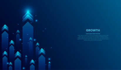 Growth Up arrows in blue futuristic style on dark technology background with glowing dots or stars - obrazy, fototapety, plakaty