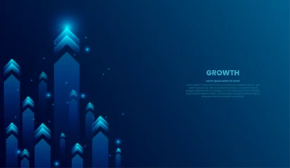 Fotobehang Growth Up arrows in blue futuristic style on dark technology background with glowing dots or stars © Bgnuh