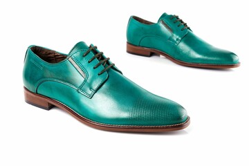 Male green leather shoes on white background