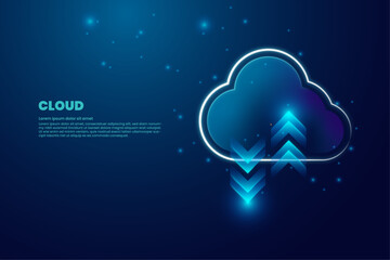Abstract digital cloud computing icon with arrows up and down on a futuristic light blue background. Data technology concept