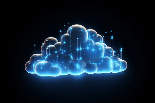 3d rendering concept cloud computing illustration. Light blue neon cloud icon on dark background