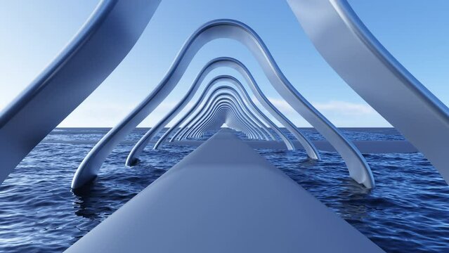 Moving along a metal construction under arches in the sea under the sky with clouds and horizon in video animation footage