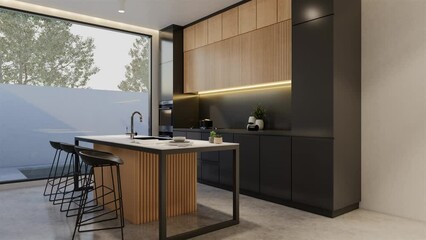 Animated Minimal wooden kitchen and dining table. 3D illustration rendering