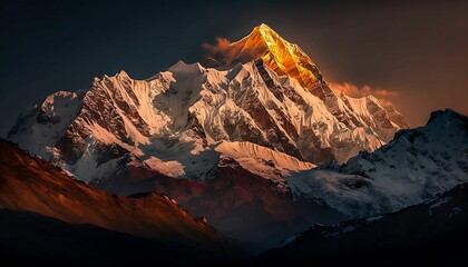 AI-generated illustration of a picturesque view of the Himalayan mountains at sunset - obrazy, fototapety, plakaty
