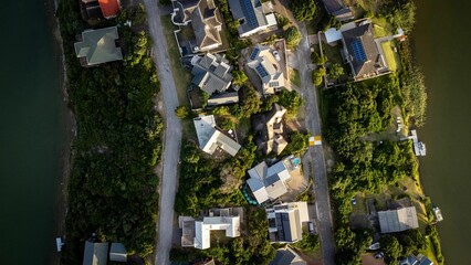 Aerial view of a picturesque coastal island town in South Africa