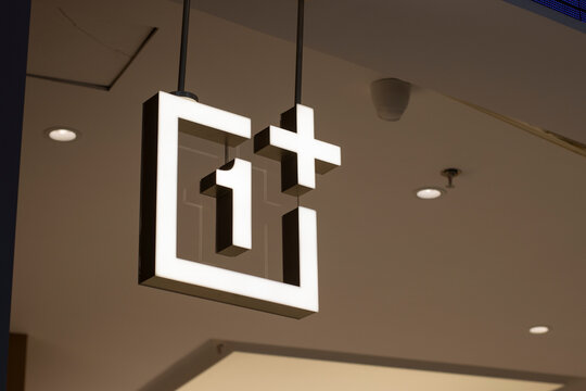 Beijing, China - Oct 5, 2023: OnePlus logo is seen at an Oppo store in Beijing. OnePlus Technology is a Chinese consumer electronics manufacturer headquartered in Shenzhen, and a subsidiary of Oppo.