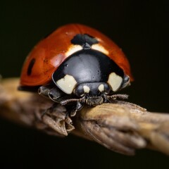 Closeup shot of a ladybird perched on a stick.
