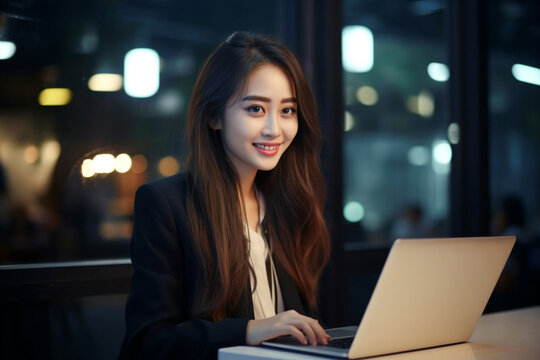 Asian office working girl with a radiant smile sits in front of her laptop computer, immersed in work, against a soothing blue turquoise background. Generative AI.