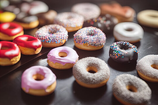 The image shows a close-up view of an assortment of donuts with various icings and toppings on a dark surface. The donuts are arranged in a staggered pattern, with a shallow depth of field focusing on
