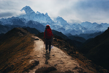 Fototapeta premium This is an image of a hiker seen from the back, walking along a narrow mountain ridge. The individual is wearing a red jacket, a beanie, and a backpack with gear strapped to it, such as what appears t