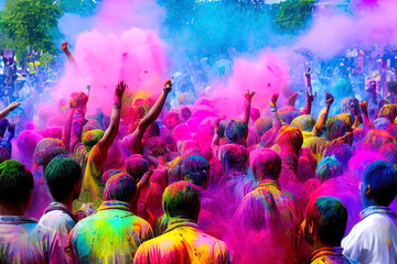 The image captures a vibrant scene of a crowd celebrating the Holi festival, also known as the Festival of Colors. Numerous people are covered head to toe in bright, multicolored powders, primarily pi