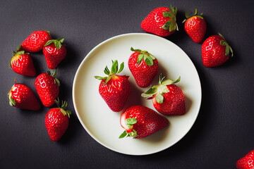 The image features an arrangement of fresh strawberries prominently displayed against a dark, almost black, background. On a white plate positioned towards the lower portion of the frame, there is a s - Powered by Adobe