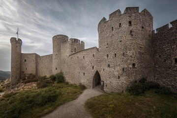 Fototapeta na wymiar The image features a large medieval castle made of stone. The castle has several round defensive towers, battlements, and a flagpole without a flag at the top of one tower. An arched gateway serves as