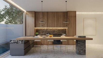 Animated Minimal wooden kitchen and dining table. 3D illustration rendering