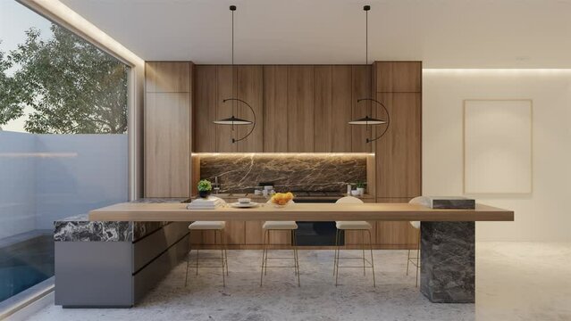 Animated Minimal wooden kitchen and dining table. 3D illustration rendering