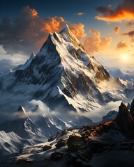 scenic winter landscape with a mountain peak covered in a blanket of snow illuminated by sunset