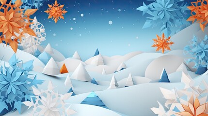 Snowy Mountain Peak in Panoramic Winter Landscape With Snowflakes Paper Art Background Illustrations
