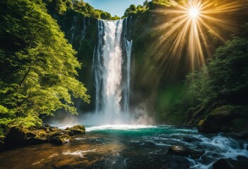 AI generated illustration of a majestic waterfall cascading down a rocky mountain covered in trees