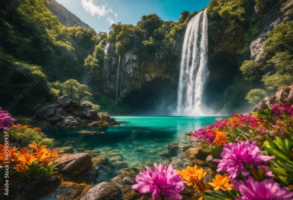 Poster the water is blue and has colorful flowers surrounding it with a large waterfall