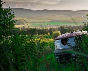 Abandoned rusty truck in Pecsely, Hungary, with bush vegetation background rural scene