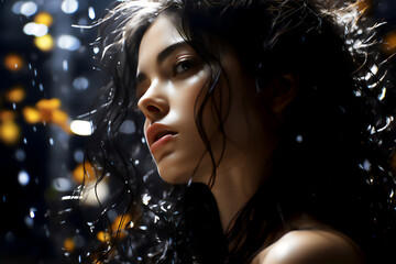 水に濡れた黒髪の美しいクールな女性