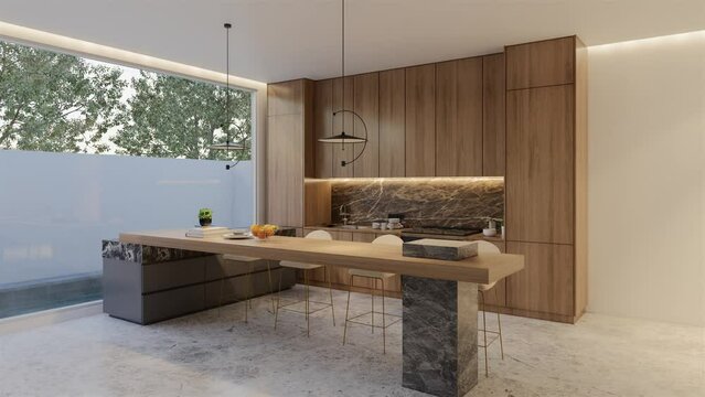 Animated Minimal wooden kitchen and dining table. 3D illustration rendering
