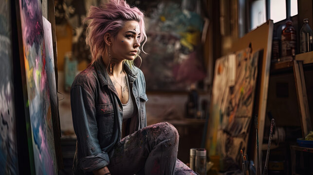 The image captures a young artist sitting contemplatively in a studio environment filled with artistic materials and an easel with a colorful painting. The subject has striking pink hair and is adorne