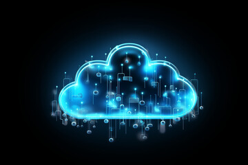 3d rendering concept cloud computing illustration. Light blue neon cloud icon on dark background