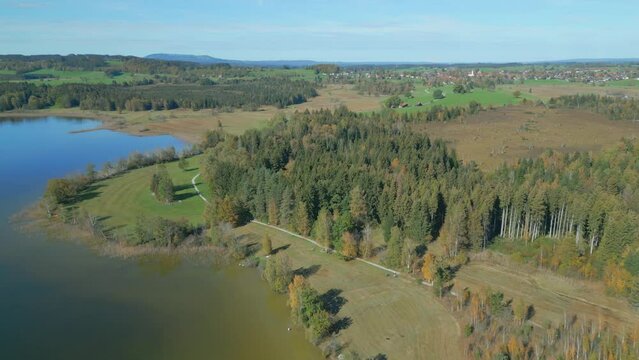 Aerial of Lake Obersee in Germany surrounded by the green trees on a sunny day
