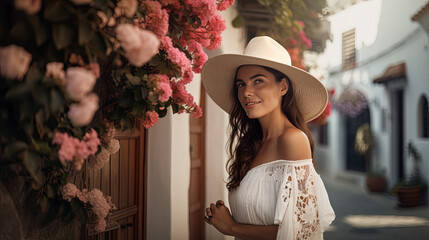 The image depicts a woman standing next to a flowering bush in a quaint alleyway. She is wearing a wide-brimmed sun hat and an off-the-shoulder white top with lace detailing. With a gentle smile, she 