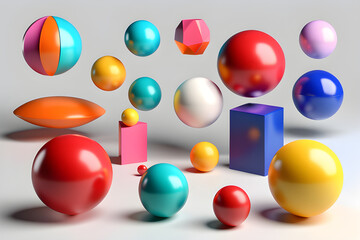 3d render, simple geometric shapes, primitives and abstract objects. Collection of colorful balls, spheres and round design elements, isolated on transparent background generative AI