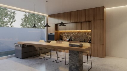 Animated Minimal wooden kitchen and dining table. 3D illustration rendering