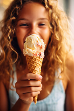 Happy Girl Eating Delicious Vanilla Ice Cream Close-Up