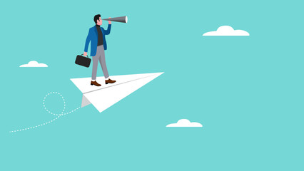 Vision to see business direction with a businessman who uses a telescope while riding a paper plane to see the next business strategy concept design, strategy to success or business objective - obrazy, fototapety, plakaty