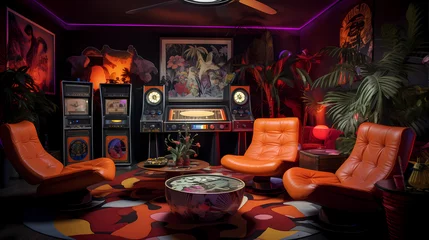 Poster Im Rahmen record lounge with retro furnishings and psychedelic decor © Asep