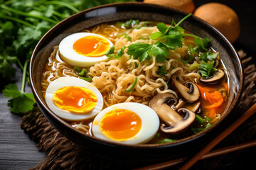 A delicious spicy Thai noodle with chopped carrots, spring onion, shitake mushroom, and half cut boiled egg in a ceramic bowl served with vegetable and herb side dishes on a wood table.Generative AI.