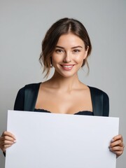 Naklejka premium attractive curly haired girl holding blank paper banner