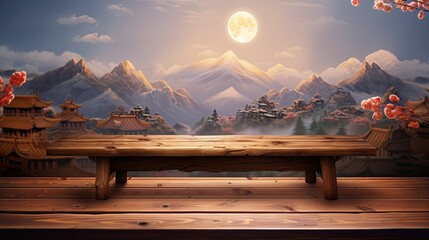 Chinese mid autumn festival, blank table in the front of Chinese wonderland background