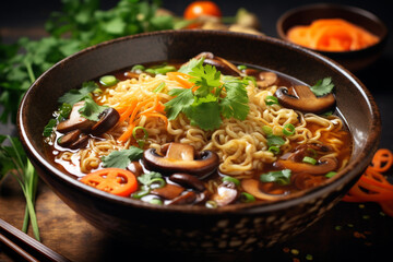 A delicious spicy Thai noodle with chopped carrots, spring onion, shitake mushroom, and half cut boiled egg in a ceramic bowl served with vegetable and herb side dishes on a wood table.Generative AI.