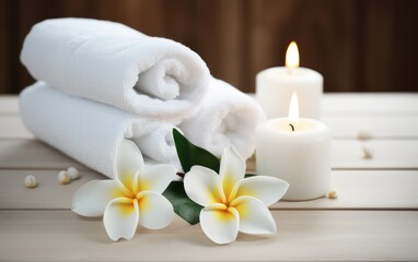 Obraz na płótnie Canvas Spa composition. White towels, candles and frangipani flowers