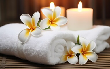 Fototapeta na wymiar Spa composition. White towels, candles and frangipani flowers