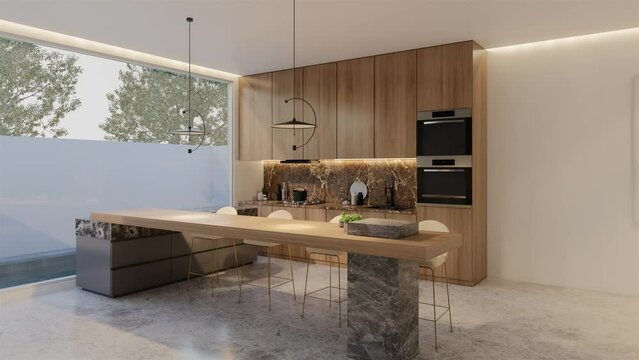 Animated Minimal wooden kitchen and dining table. 3D illustration rendering
